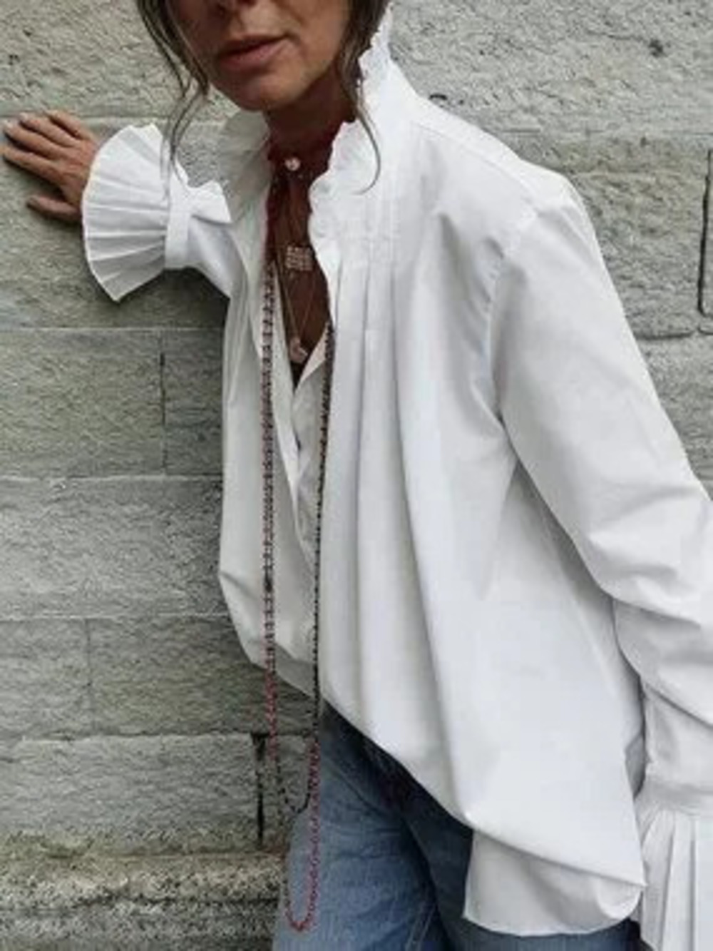 White Casual Women's Stand Collar Flared Ruffle Button Loose Pleated Shirt Top - Picture 3 of 6